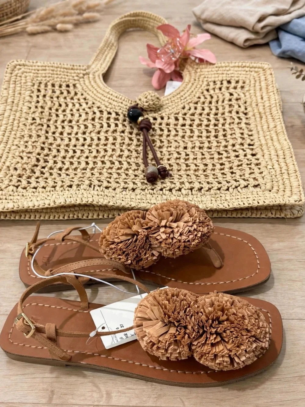 Summer Boho Set - Raffia Pom Pom Sandals + Large Straw Beach tote